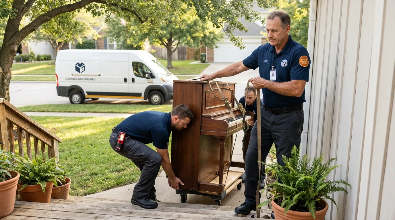 Licensed piano movers securing grand piano in Stetson, ME