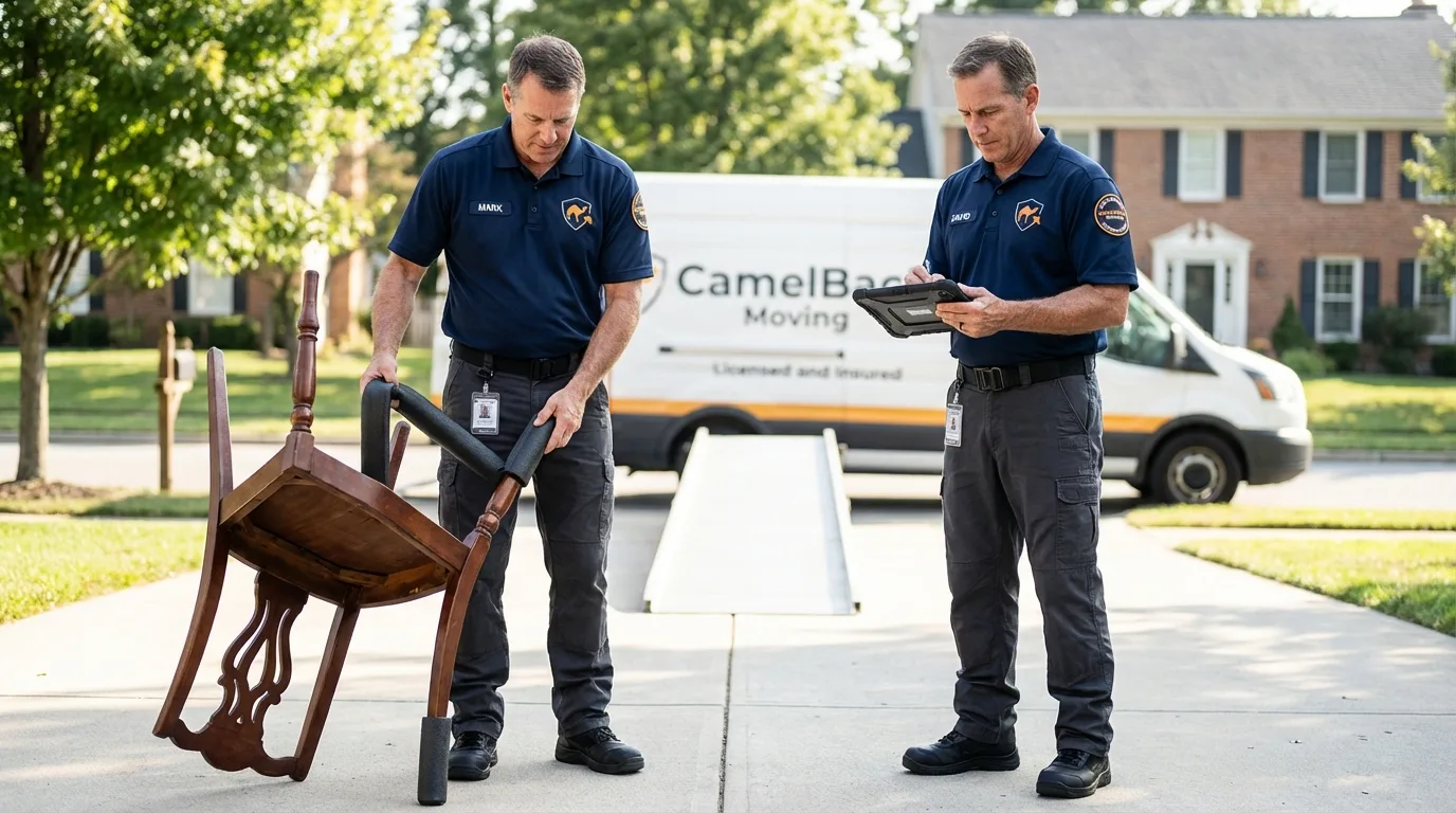 Movers inspecting furniture for damage prevention before loading in Stetson, ME