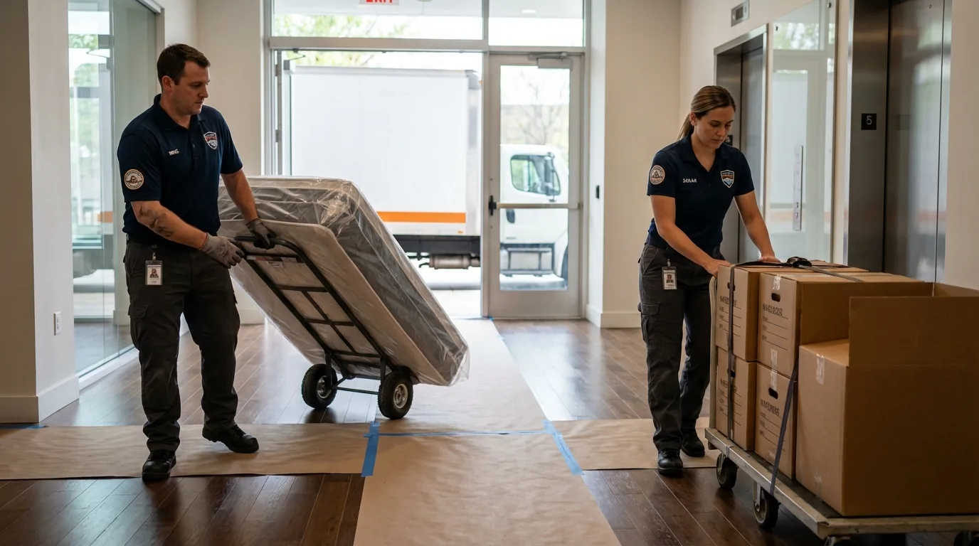 Professional apartment movers loading elevator in Stetson, ME