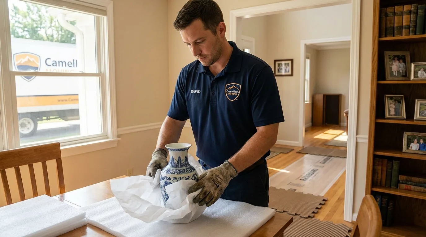 Professional crew carefully wrapping antique vase for senior downsizing move in Stetson, ME