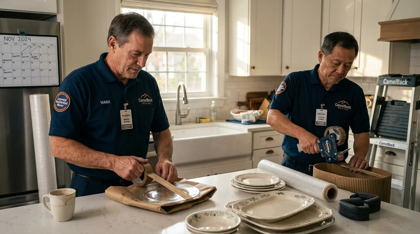 Professional crew packing kitchen dishware in Stetson, ME
